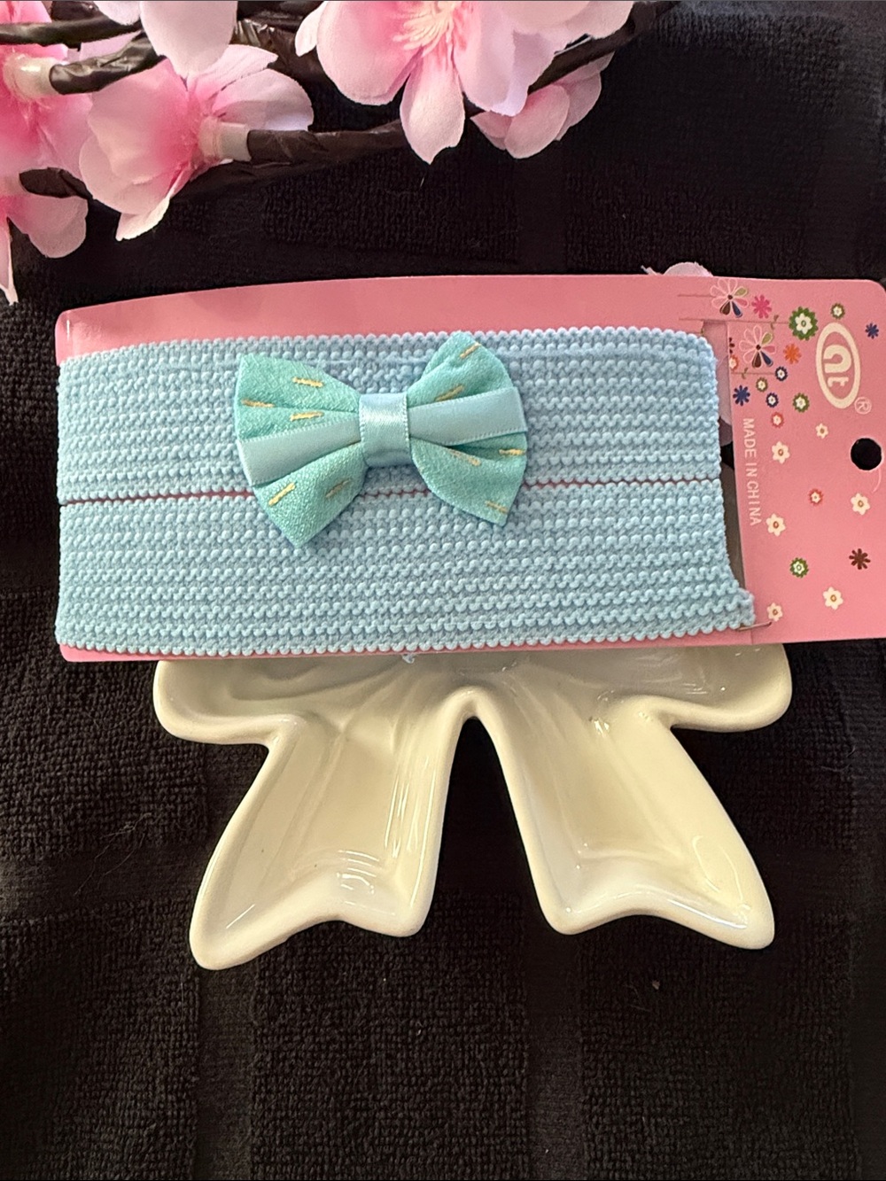 Girls Stretch Knit Bow Headband in Light Blue